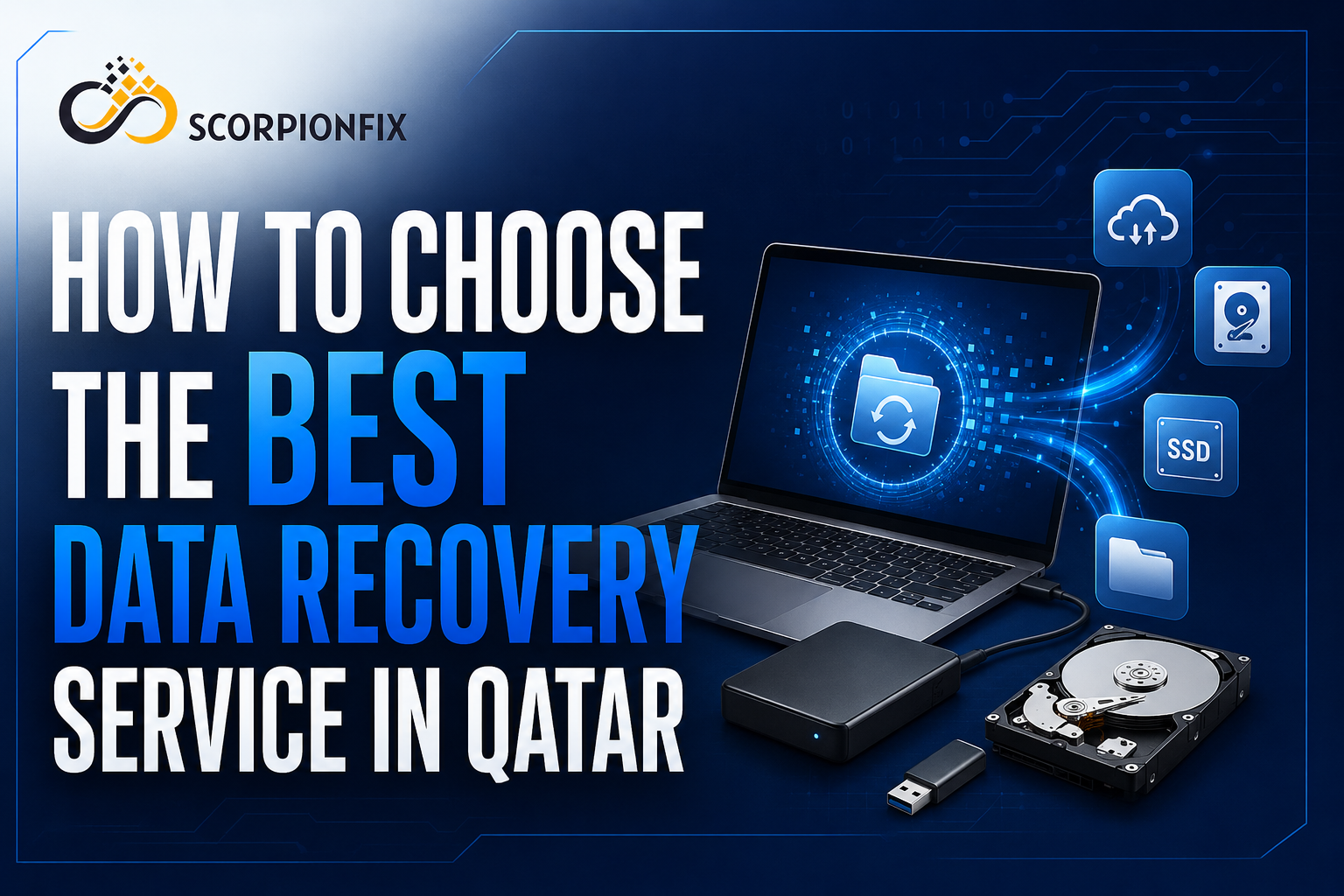 How to Choose the Best Data Recovery Service in Qatar – ScorpionFix Qatar blog banner featuring the ScorpionFix logo, a laptop with a data recovery interface, external hard drive, USB drive, SSD, cloud storage icons, and a modern blue technology background representing professional data recovery services in Qatar.