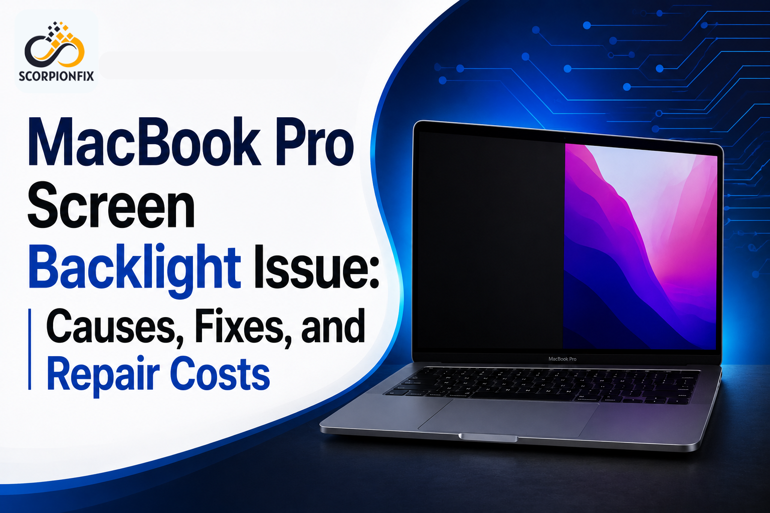 MacBook Pro Screen Backlight Issue: Causes, Fixes, and Repair Costs – ScorpionFix blog banner featuring a MacBook Pro with a dim backlight display, modern blue technology background, digital circuit graphics, and the ScorpionFix logo, representing professional MacBook screen backlight repair services.
